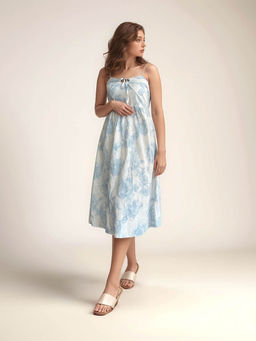 Outzidr - Floral Print Blue Midi Vacay Dress