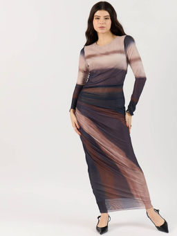 Outzidr - Brown Digital Print Mesh Maxi Party Dress