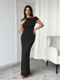 Outzidr - Black Off Shoulder Maxi Bodycon Party Dress With Ruching At Side
