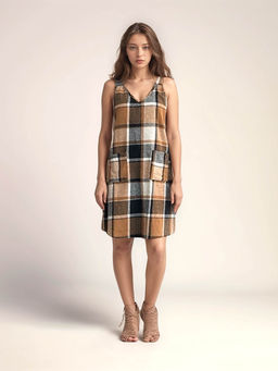 Outzidr - Flannel Pinafore Casual Wear Dress With Front Pockets
