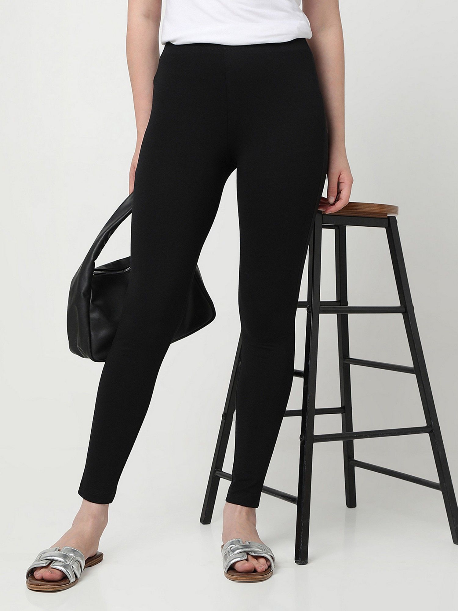 r&b Black Cotton High-Waist Full-Length Solid Leggings Women Leggings-picture-15