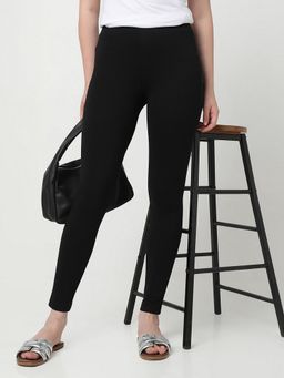 R&B - Black Cotton High-Waist Full-Length Solid Leggings Women Leggings