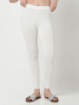 R&B - White Cotton High-Waist Full-Length Solid Leggings Women Leggings