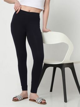 R&B - Navy Blue Cotton High-Waist Full-Length Solid Leggings Women Leggings