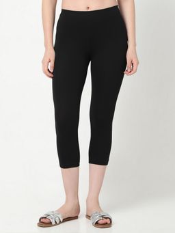 R&B - Black Cotton Skinny High-Waist Three-Fourth Solid Women Leggings