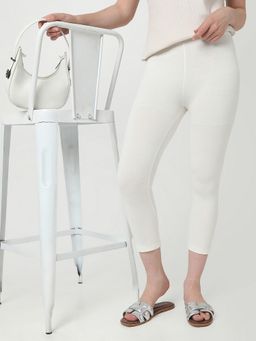 R&B - White Cotton Skinny High-Waist Three-Fourth Solid Women Leggings