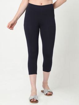 R&B - Navy Blue Cotton Skinny High-Waist Three-Fourth Solid Women Leggings