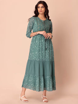Indya - Green Printed & Gota Georgette Maxi Dress