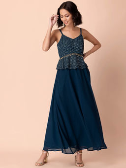 Indya - Teal Printed & Beads & Stones Georgette Maxi Dress