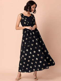 Indya - Black Printed Georgette Maxi Dres with Cami Top (Set of 2)