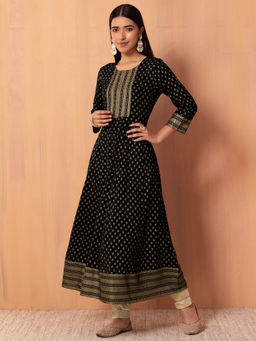 Indya - Black Printed Viscose Anarkali Kurta