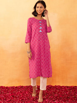 Indya - Pink Bandhani Printed Viscose Kurta