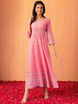 Indya - Pink Printed & Embroidered Cotton Kurta