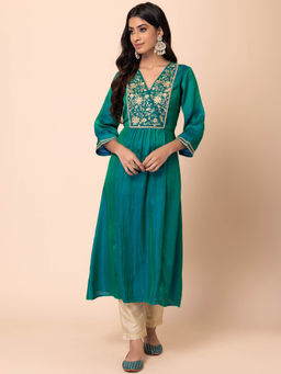 Indya - Green Embroidered & Zari Satin Kurta