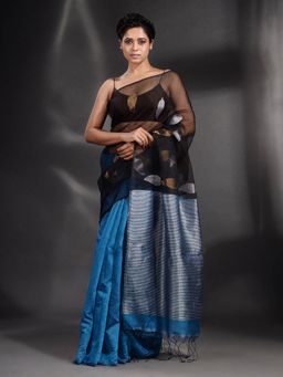 Arhi - Black And Sky Blue Blended Cotton Handwoven Saree with Unstitched Blouse