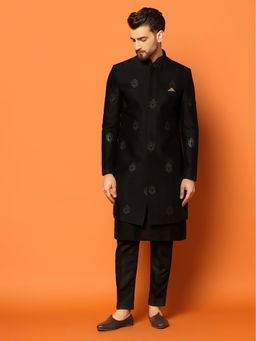 KISAH - Men Black Embroidery Silk Blend Kurta Indowestern Sherwani Trouser Set with Ethnic Motifs