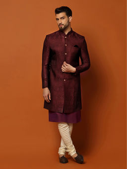 KISAH - Men Maroon Silk Blend Jacquard Kurta Indowestern Sherwani Churidar Set with Geometric Pattern