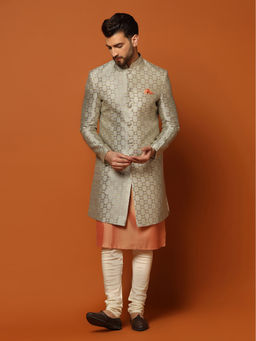 KISAH - Men Grey And Orange Kurta Sherwani Churidar Set (Set of 3)
