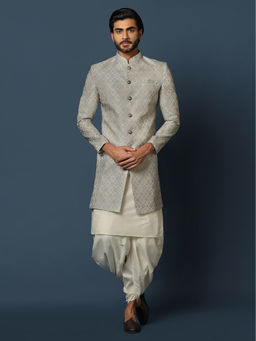 KISAH - Men Grey Kurta Sherwani Dhoti (Set of 3)