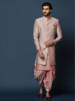KISAH - Men Pink Textured Silk Blend Jacquard Kurta Indowestern Sherwani Dhoti Set