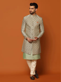 KISAH - Men Multi Colour Silk Blend Jacquard Kurta Indowestern Sherwani Trouser Set with Geometric Pattern