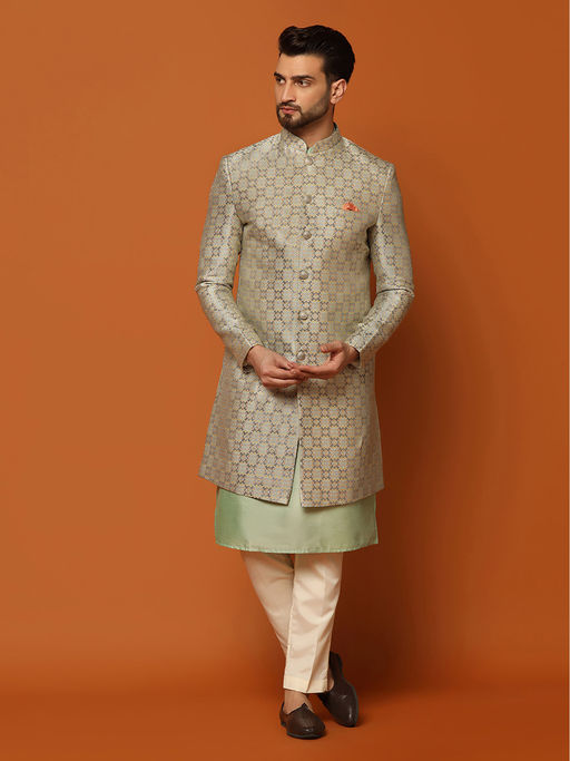 KISAH Men Multi Colour Silk Blend Jacquard Kurta Indowestern Sherwani Trouser Set with Geometric Pattern