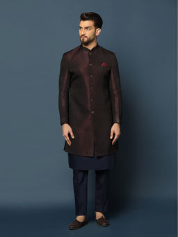 KISAH - Men Purple Textured Silk Blend Jacquard Kurta Indowestern Sherwani Trouser Set with Abstract Print