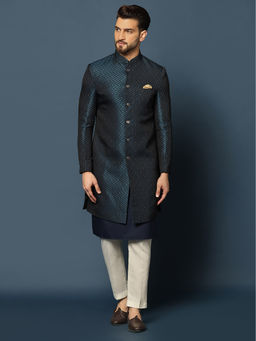 KISAH - Men Navy Blue Embellished Silk Blend Jacquard Kurta Indowestern Sherwani Trouser Set