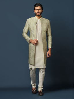 KISAH - Men Beige Embroidery Silk Blend Jacquard Kurta Indowestern Sherwani Churidar Set