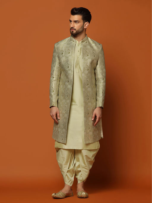 KISAH Men Beige Embroidery Silk Blend Jacquard Kurta Indowestern Sherwani Dhoti Set with Abstract Print