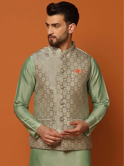 KISAH - Men Grey Textured Silk Blend Jacquard Nehru Jacket with Zari Design