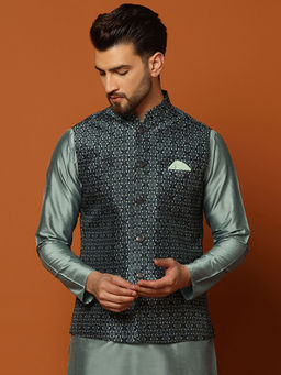 KISAH - Men Teal Woven Nehru Jacket