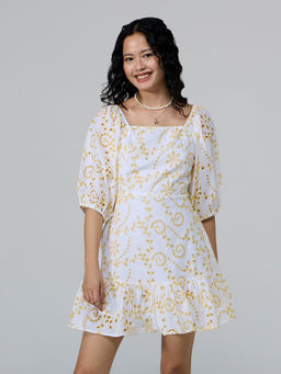 Twenty Dresses by Nykaa Fashion - White and Yellow Short Puff Sleeves Schiffli Mini Dress