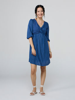 Twenty Dresses by Nykaa Fashion - Blue V Neck Puff Sleeves Twist Detail Short Dress