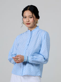 Twenty Dresses by Nykaa Fashion - Blue Full Sleeves Frilled Neck Shirt