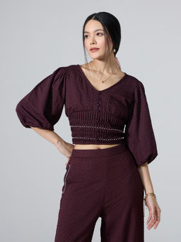 Twenty Dresses by Nykaa Fashion - Maroon V Neck Balloon Sleeves Gathered Top
