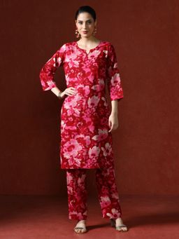 Jaipur Kurti - Floral Printed Straight Pink Kurta with Pant