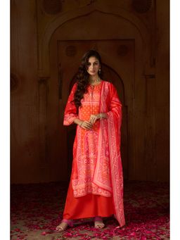 Jaipur Kurti - Red Floral Embroidered Straight Pure Cotton Kurta with Palazzo and Dupatta