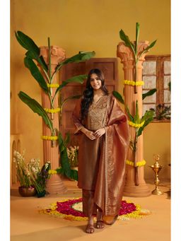 Jaipur Kurti - Floral Embroidered Straight Organza Brown Kurta with Pant and Dupatta