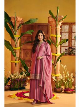 Jaipur Kurti - Pink Floral Embroidered A-Line Silk Blend Kurta with Palazzo and Dupatta