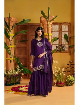 Jaipur Kurti - Floral Embroidered Purple Silk Blend Kurta with Sharara and Dupatta