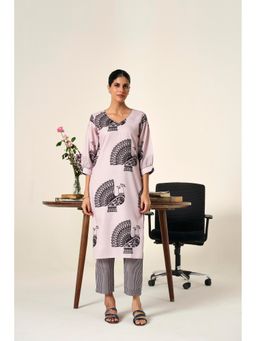 Jaipur Kurti - Self Design Printed Purple Straight Linen Kurta with Pant