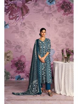 Jaipur Kurti - Floral Embroidered Teal Anarkali Kurta with Pant and Dupatta
