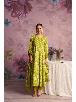 Jaipur Kurti - Floral Embroidered Green Anarkali Kurta with Pant and Dupatta