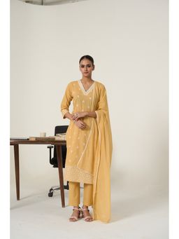 Jaipur Kurti - Yellow Floral Embroidered Straight Pure Cotton Kurta with Pant and Dupatta