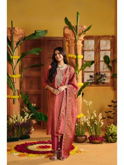 Jaipur Kurti - Floral Embroidered Straight Tissue Coral Kurta with Pant and Dupatta