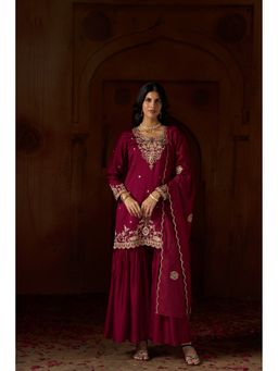 Jaipur Kurti - Maroon Floral Embroidered Silk Blend Kurta with Sharara and Dupatta