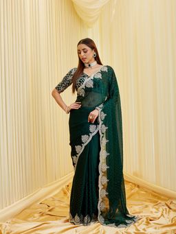 Kasee - Women Embroidered Green Saree with Unstitched Blouse