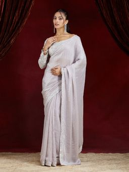Kasee - Women Grey Designer Pre-Draped Saree with Unstitched Blouse