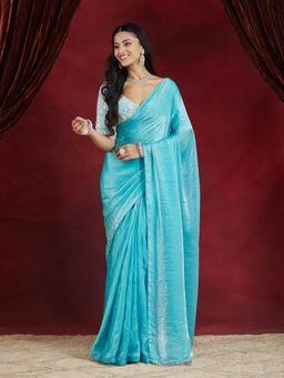 Kasee - Women Blue Silk Pre-Draped Saree with Unstitched Blouse